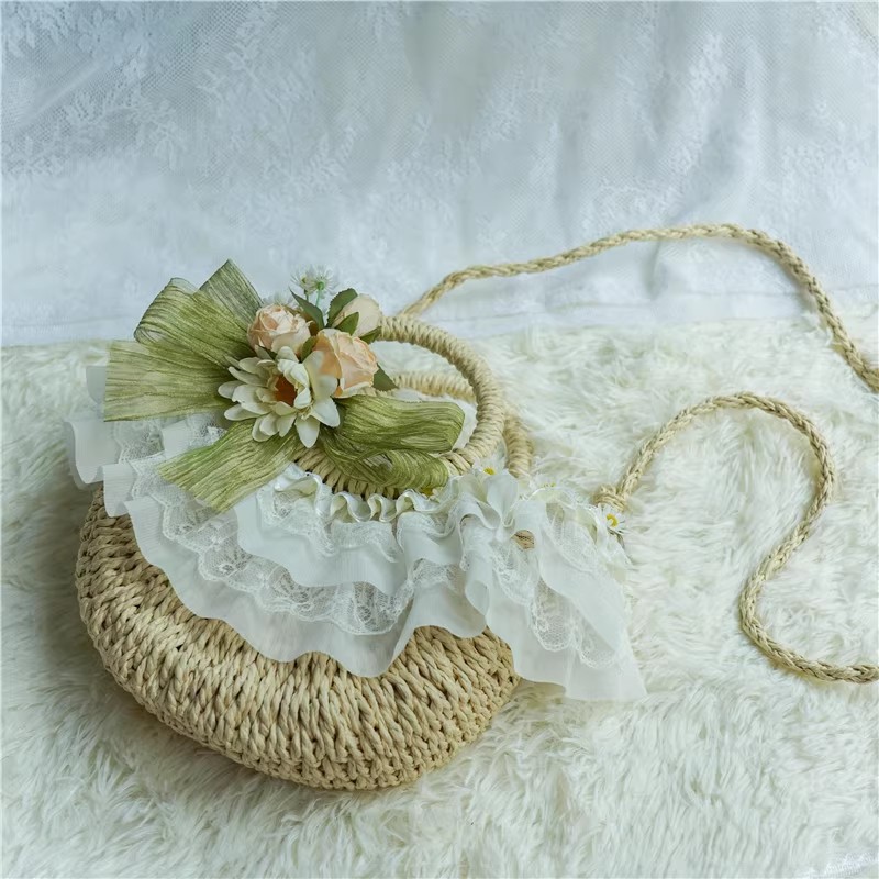 カントリースタイルのロリータレースストロー織りバッグ、クラシ - Beach Bag Straw のレビューと価格