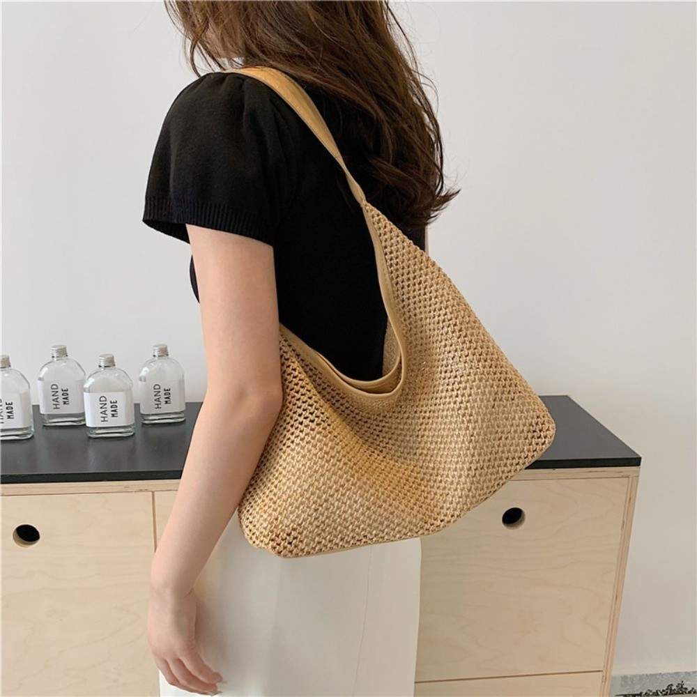 かわいい無地織りわらバッグボヘミアンスタイル手作りビーチハン - Beach Bag Straw のレビューと価格