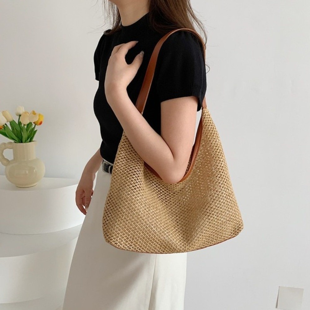 かわいい無地織りわらバッグボヘミアンスタイル手作りビーチハン - Beach Bag Straw のレビューと価格