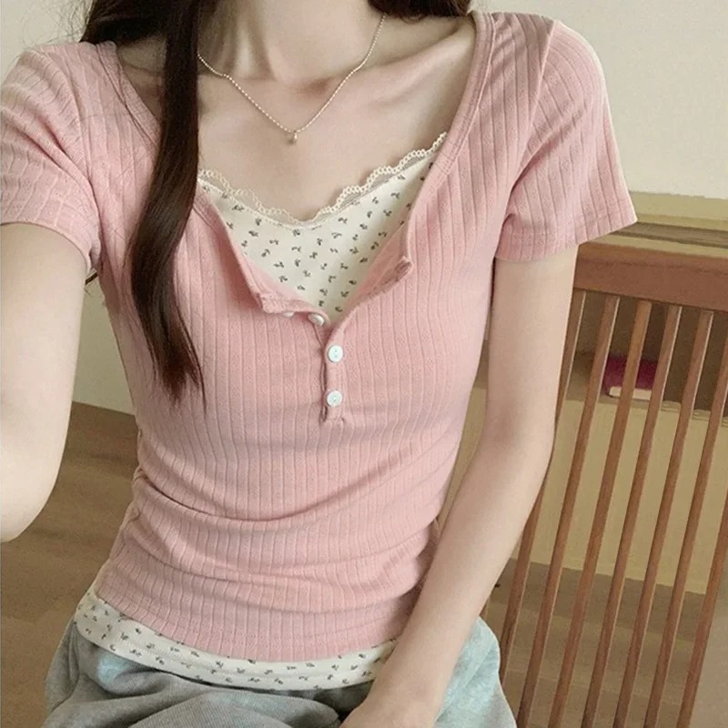 新しい女性のレーススプライスリブ編みTシャツスリムフィット半 - Crop Blouse Linen のレビューと価格