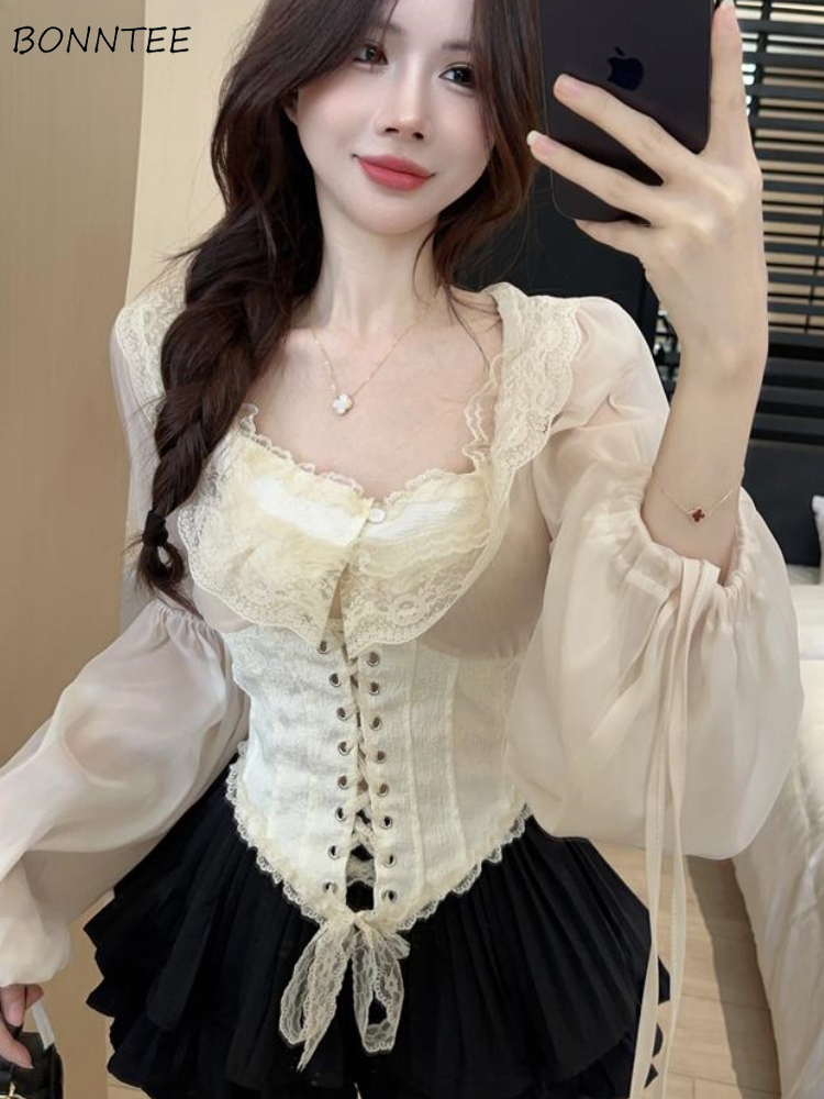 固体ブラウス女性レースアップクロップトップス春韓国スタイルヴ - Crop Blouse Linen のレビューと価格