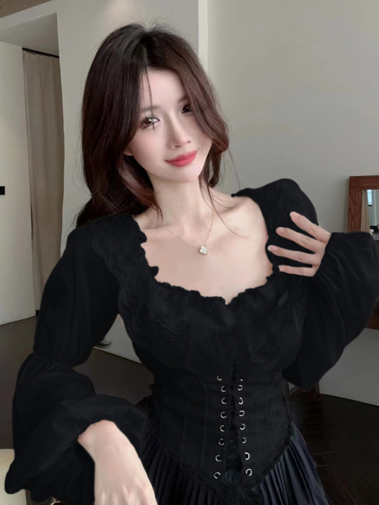 固体ブラウス女性レースアップクロップトップス春韓国スタイルヴ - Crop Blouse Linen のレビューと価格