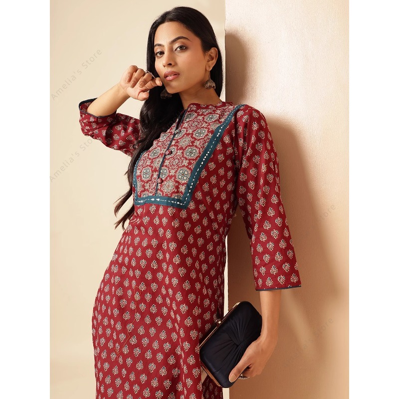 春夏 レディース エスニック マルーン 花柄プリント クルタ - Summer Clothing India のレビューと価格