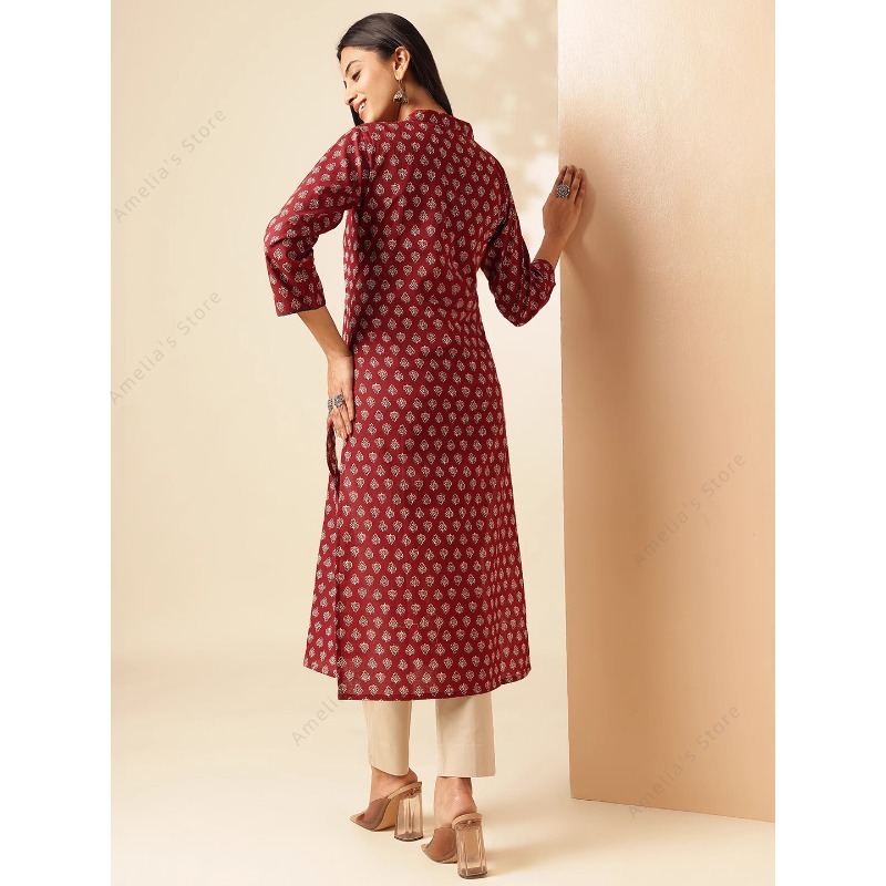 春夏 レディース エスニック マルーン 花柄プリント クルタ - Summer Clothing India のレビューと価格