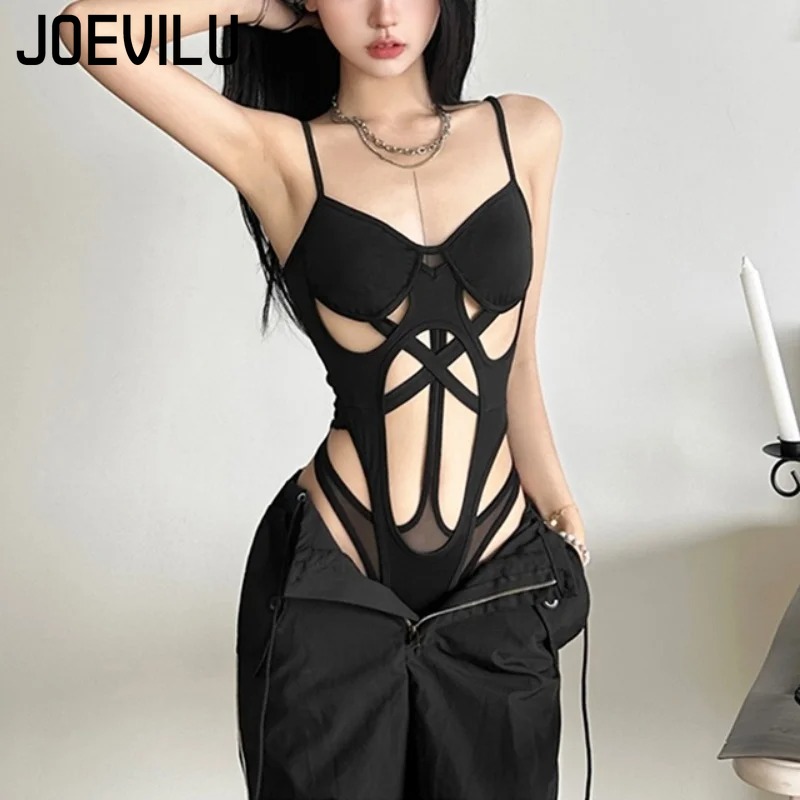 Y2K ブラックボディスーツ女性中空アウトセクシーなノースリ - Summer Clothing Aesthetic のレビューと価格