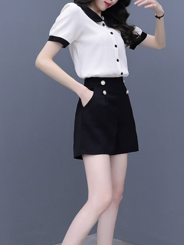 コントラストカラーボタンショートセット レディース 2ピース - Summer Clothing Trends 2025 のレビューと価格