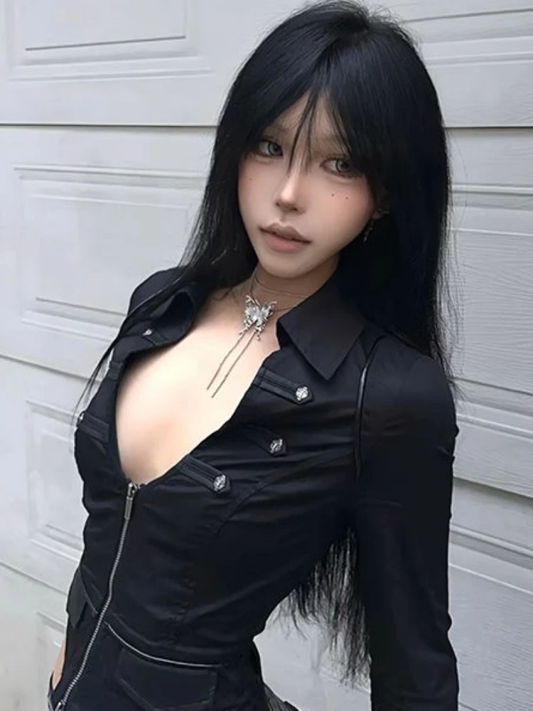 Y2k 美的女性のセクシーなブラウス固体ダブルジッパースリム - Summer Clothing Aesthetic のレビューと価格