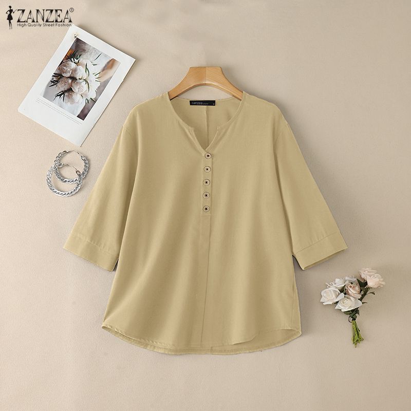 女性カジュアルコットンリネンブラウス V ネック 3/4 ス - Summer De Clothing のレビューと価格