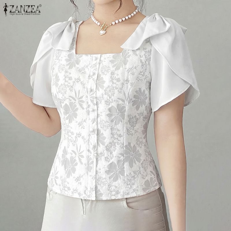 ZANZEA 女性エレガントな花柄ジャカードブラウススクエア - Summer De Clothing のレビューと価格
