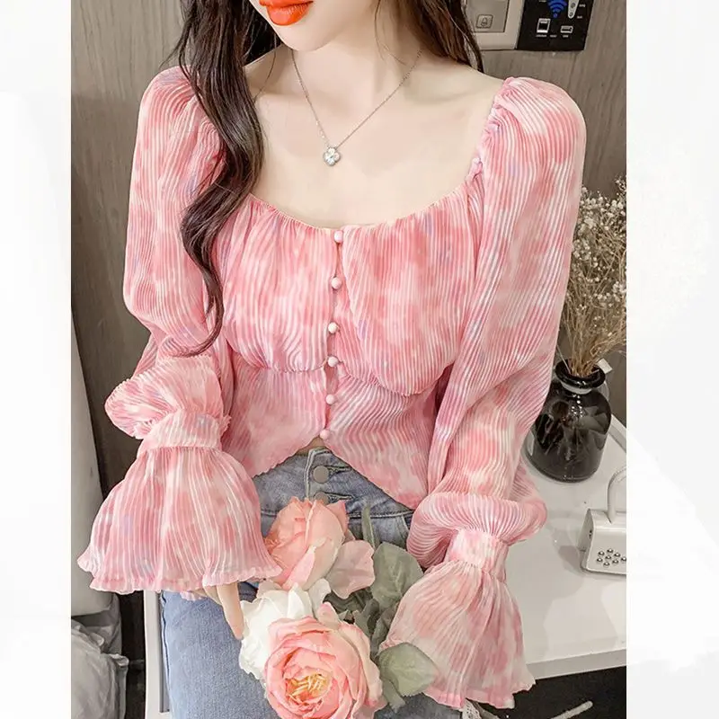 セクシーで可愛いスイートスクエアネックプリントパーティー ク - Crop Blouse Linen のレビューと価格