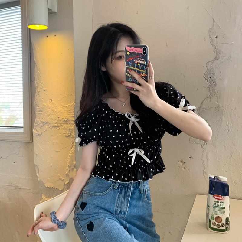 女性用パフスリーブのショートブラウス,水玉模様のセクシーなサ - Crop Blouse Linen のレビューと価格