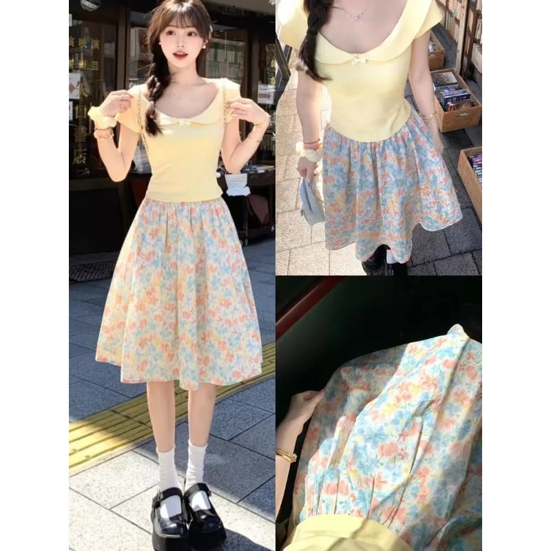 日本韓国女性用スウィートスリム半袖プリント花柄スカートツーピ - Summer Clothing Japan のレビューと価格