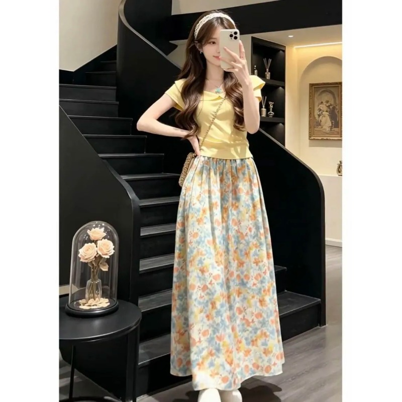 日本韓国女性用スウィートスリム半袖プリント花柄スカートツーピ - Summer Clothing Japan のレビューと価格