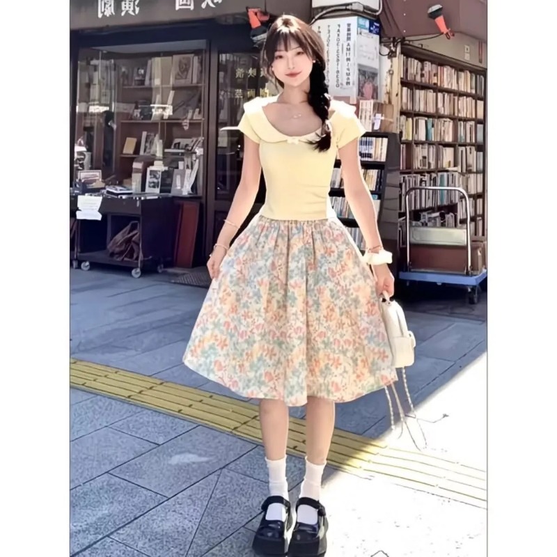 日本韓国女性用スウィートスリム半袖プリント花柄スカートツーピ - Summer Clothing Japan のレビューと価格