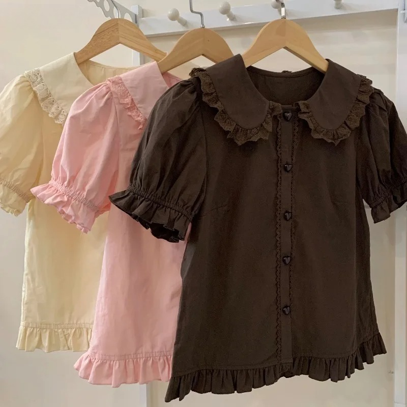 夏日本のかわいいロリータシャツ女性甘いパフ半袖レースフリルス - Summer Clothing Japan のレビューと価格