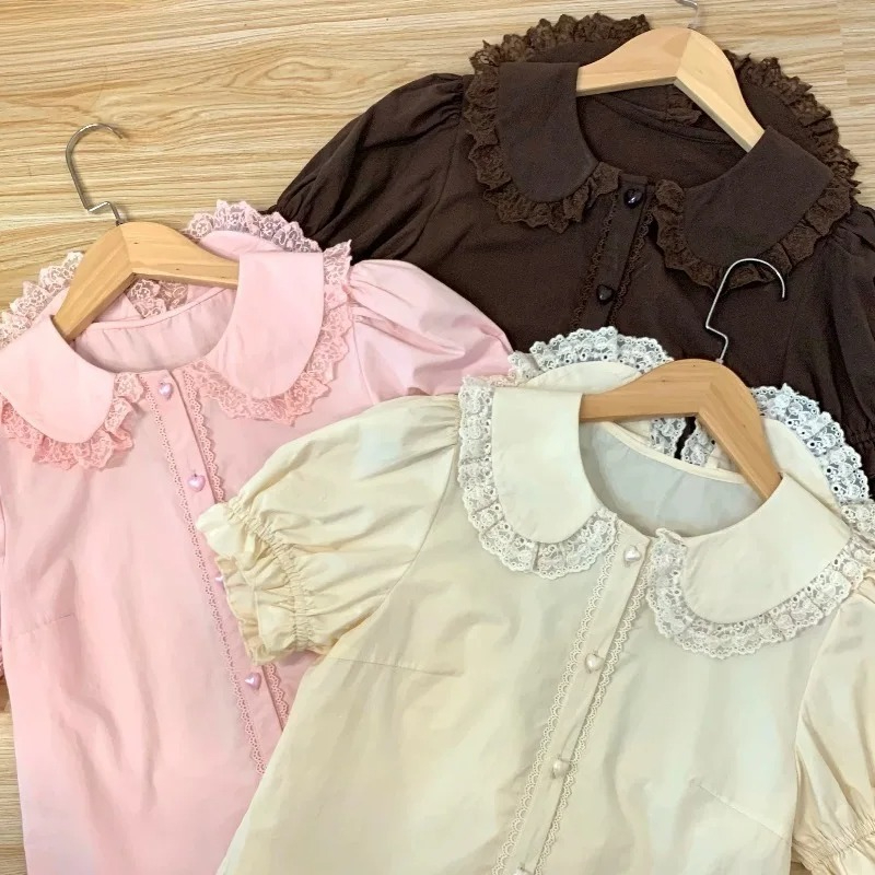 夏日本のかわいいロリータシャツ女性甘いパフ半袖レースフリルス - Summer Clothing Japan のレビューと価格