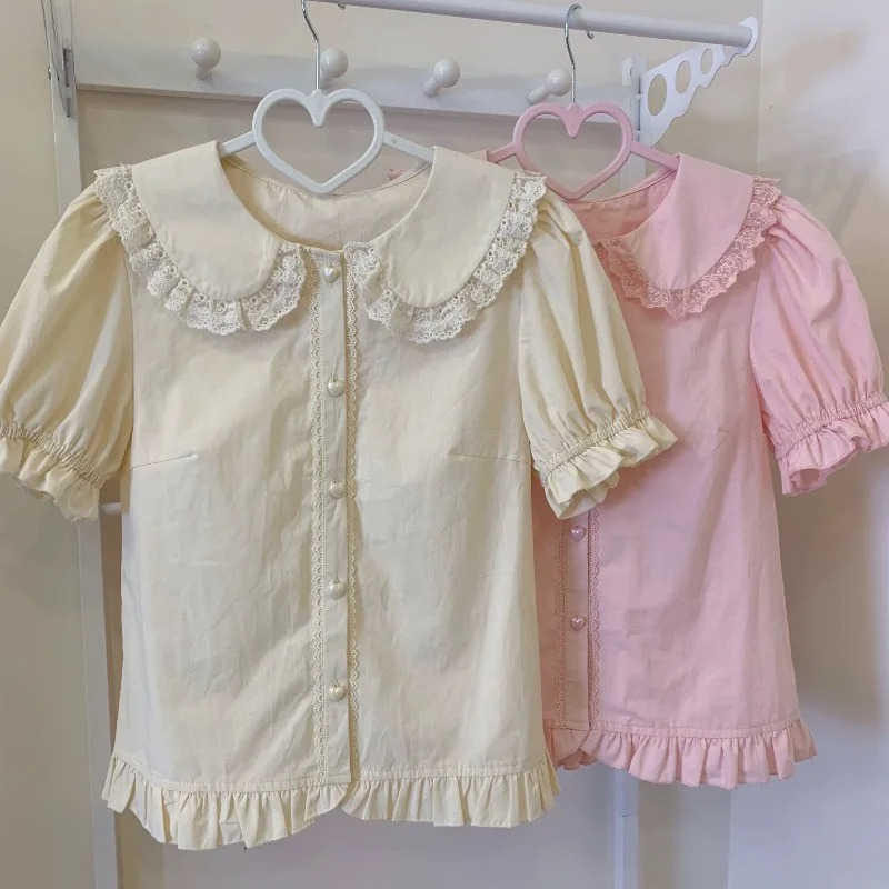 夏日本のかわいいロリータシャツ女性甘いパフ半袖レースフリルス - Summer Clothing Japan のレビューと価格