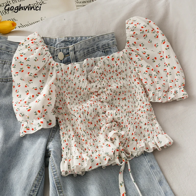 花柄のフリルプリーツブラウス,レディースシャツ,スリム,タイ - Crop Blouse Linen のレビューと価格