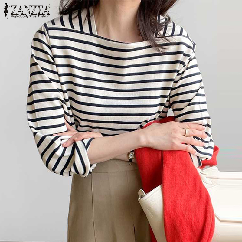 ZANZEA 女性カジュアルストライプブラウス春長袖スクエア - Summer De Clothing のレビューと価格