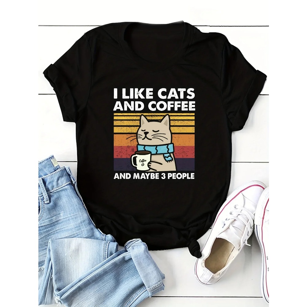 ネック半袖婦人服猫コーヒー柄 Tシャツ夏半袖原宿ストリートト - Summer Clothing Aesthetic のレビューと価格