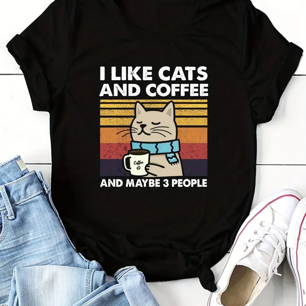 ネック半袖婦人服猫コーヒー柄 Tシャツ夏半袖原宿ストリートト - Summer Clothing Aesthetic のレビューと価格