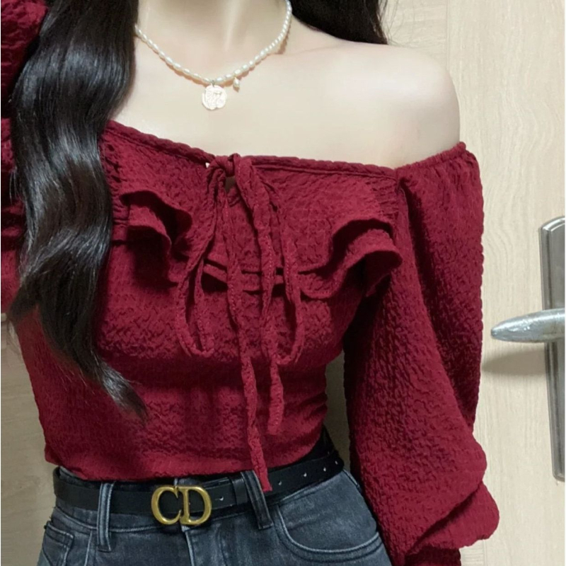 Red Blouses Lace Up Casual Vin - Crop Blouse Linen のレビューと価格