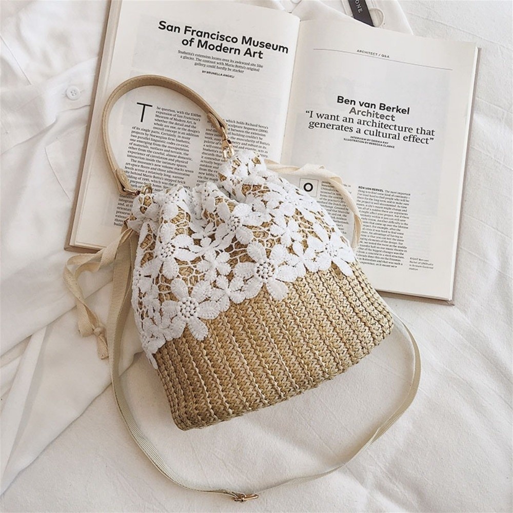 ヴィンテージレースストローショルダーバッグボヘミアンフラワー - Beach Bag Straw のレビューと価格