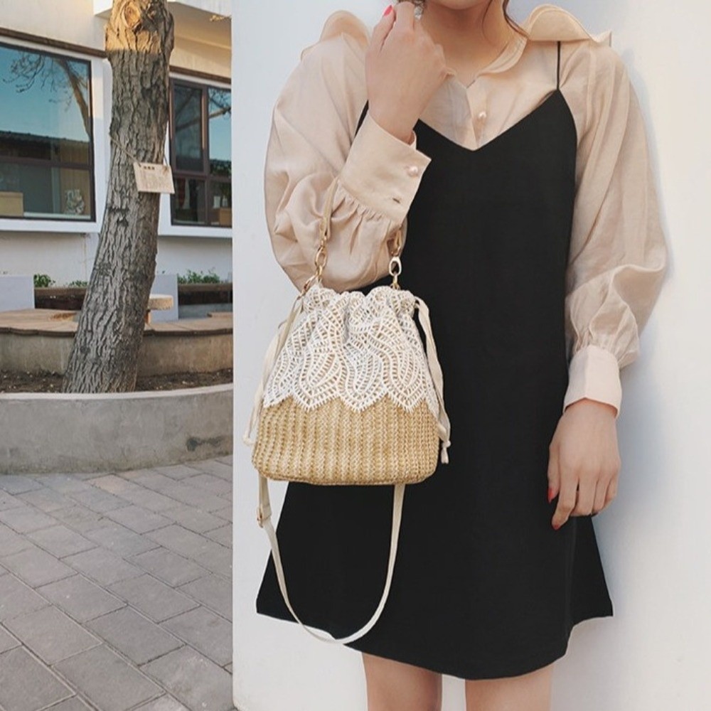 ヴィンテージレースストローショルダーバッグボヘミアンフラワー - Beach Bag Straw のレビューと価格