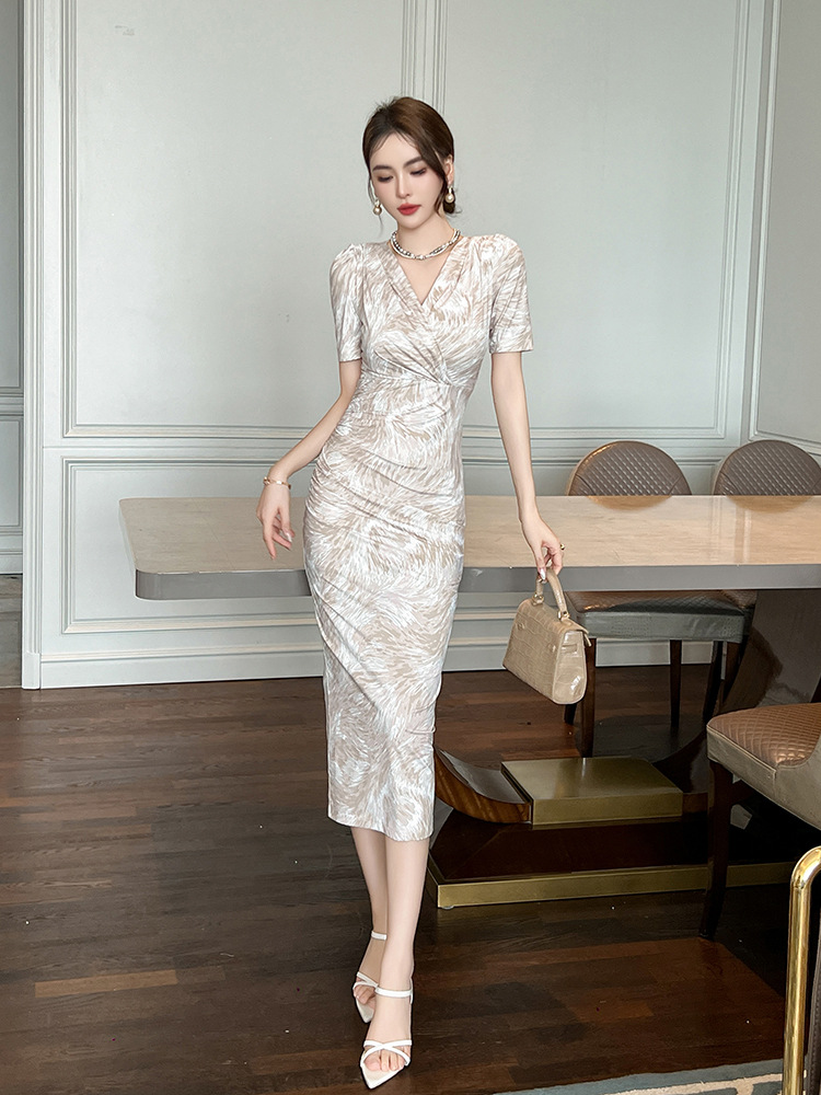 Yujieスタイル-女性用プリントドレス,Vネック,スリム, - Summer Clothing New Look のレビューと価格