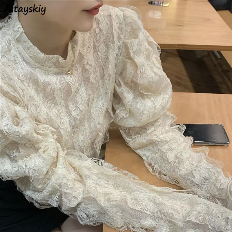 女性のフレンチスタイルのレースプリントブラウス、エレガントな - Crop Blouse Linen のレビューと価格