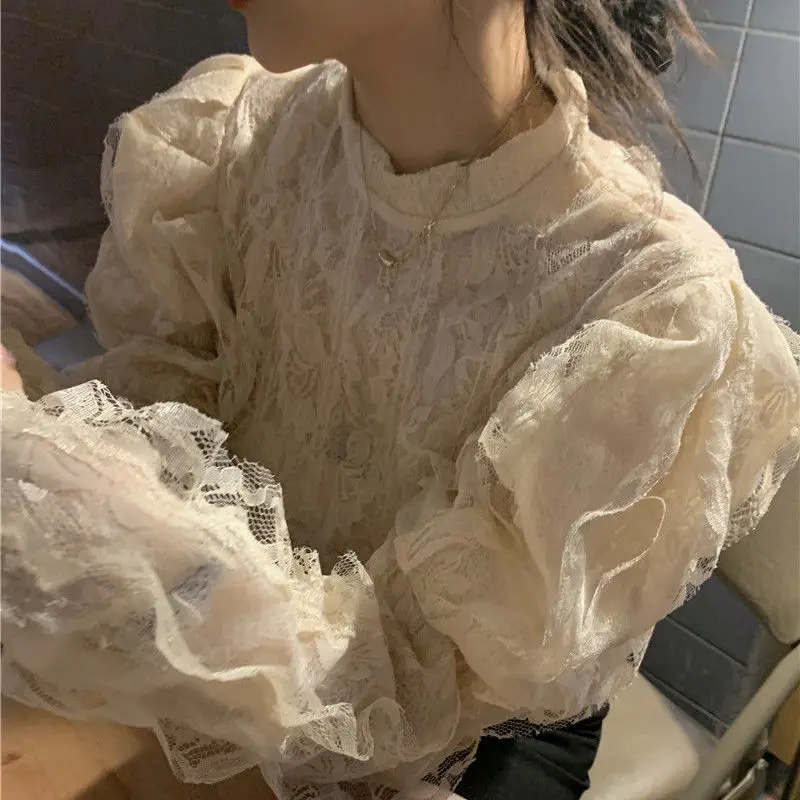 女性のフレンチスタイルのレースプリントブラウス、エレガントな - Crop Blouse Linen のレビューと価格