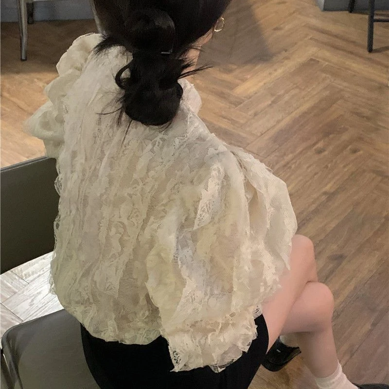 女性のフレンチスタイルのレースプリントブラウス、エレガントな - Crop Blouse Linen のレビューと価格
