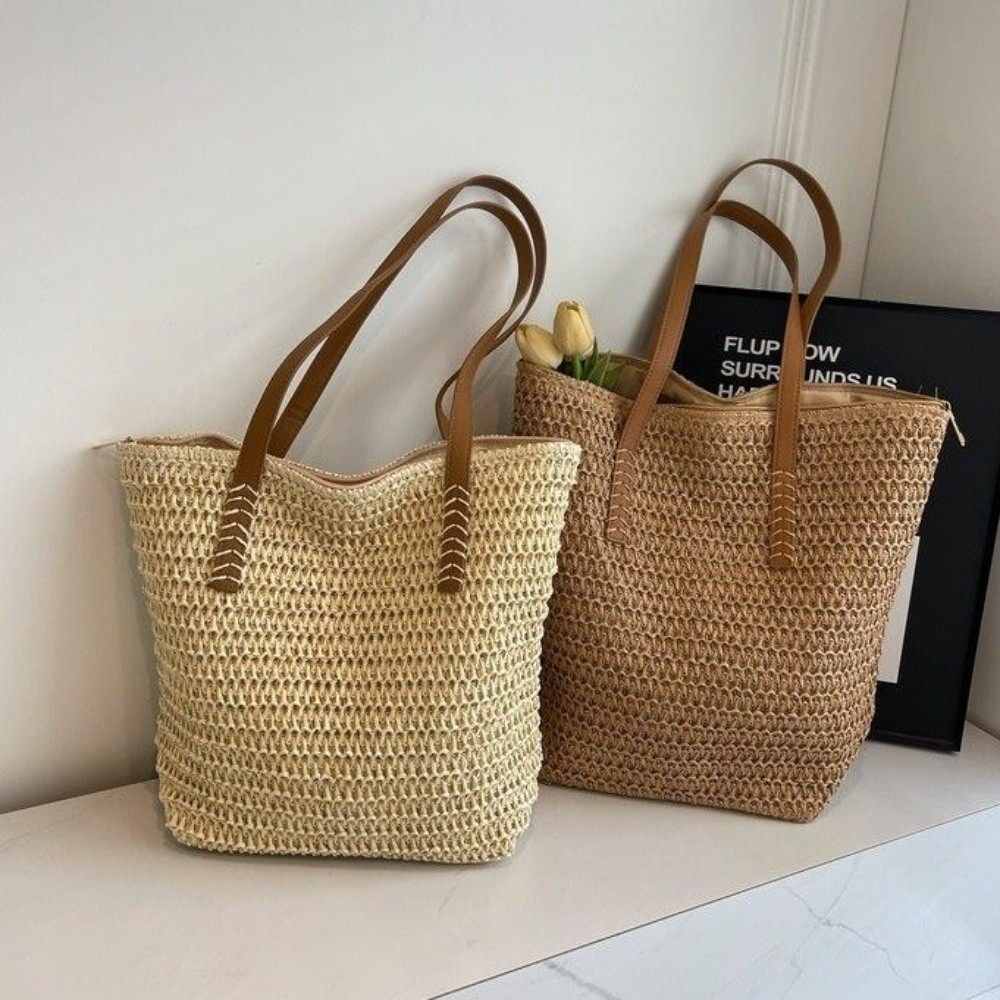 かわいい無地織りストロートートバッグスクエア織りビーチハンド - Beach Bag Straw のレビューと価格