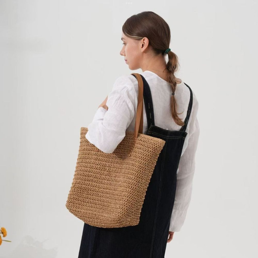 かわいい無地織りストロートートバッグスクエア織りビーチハンド - Beach Bag Straw のレビューと価格