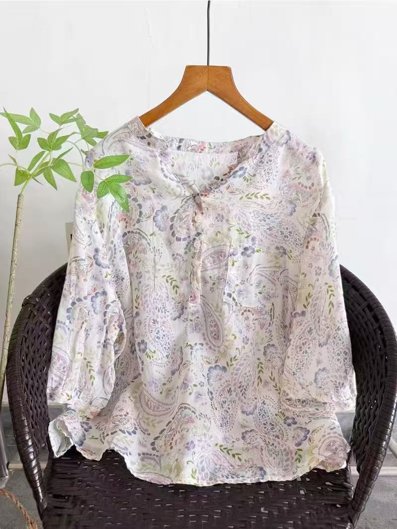 100% ラミーシャツ女性用夏ヴィンテージ V ネック半袖パ - Summer Clothing Japan のレビューと価格