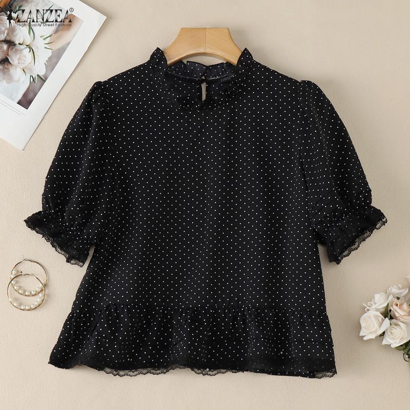 ZANZEA 女性ポルカドットレースパッチワークブラウスフリ - Summer De Clothing のレビューと価格