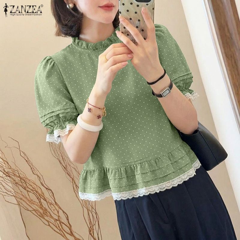 ZANZEA 女性ポルカドットレースパッチワークブラウスフリ - Summer De Clothing のレビューと価格