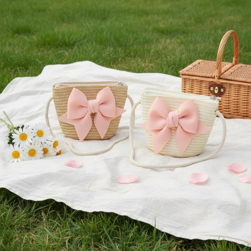 女の赤ちゃん用編みわらショルダーバッグ愛らしいリボン装飾手作 - Beach Bag Straw のレビューと価格