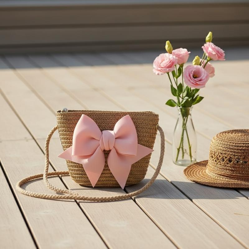 女の赤ちゃん用編みわらショルダーバッグ愛らしいリボン装飾手作 - Beach Bag Straw のレビューと価格