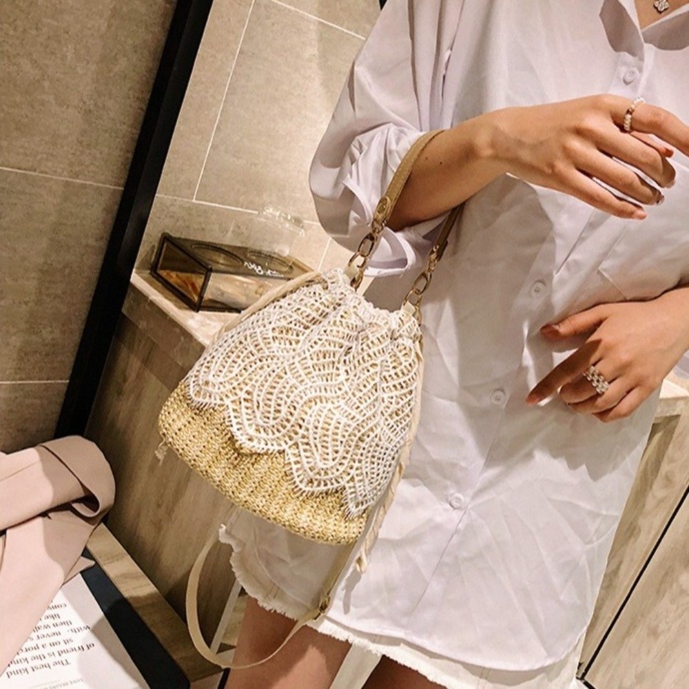 ポータブルレースストローショルダーバッグボヘミアンフラワーウ - Beach Bag Straw のレビューと価格