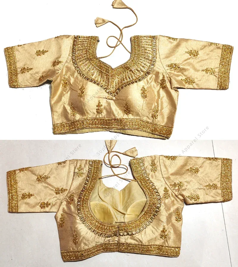 女性のための伝統的なインドの服サリトップス、金糸の刺繍ブラウ - Summer Clothing India のレビューと価格