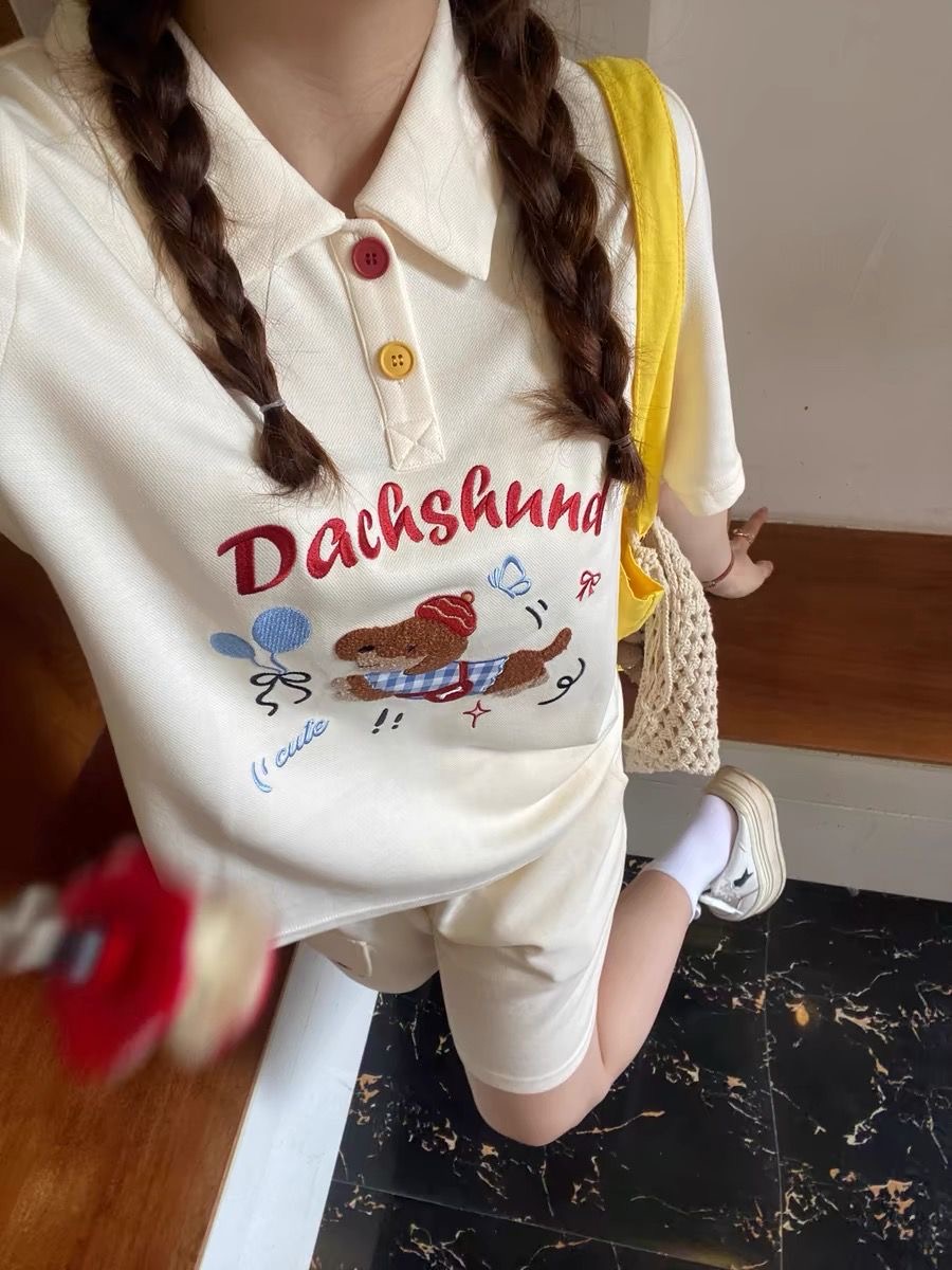 かわいい刺繍犬日本スタイルポロシャツ 2 点セット女性の衣装 - Summer Clothing Japan のレビューと価格