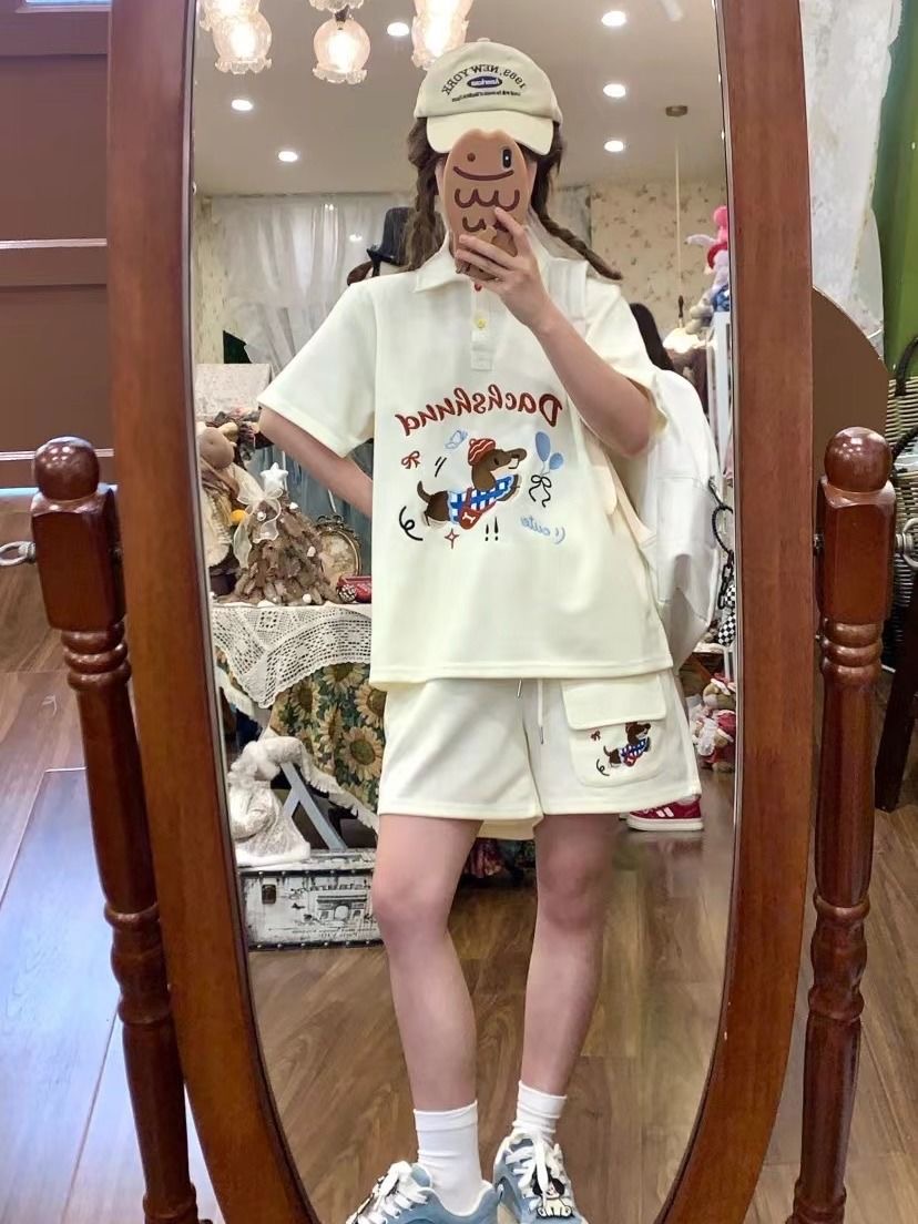 かわいい刺繍犬日本スタイルポロシャツ 2 点セット女性の衣装 - Summer Clothing Japan のレビューと価格
