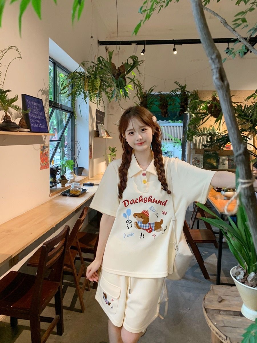 かわいい刺繍犬日本スタイルポロシャツ 2 点セット女性の衣装 - Summer Clothing Japan のレビューと価格