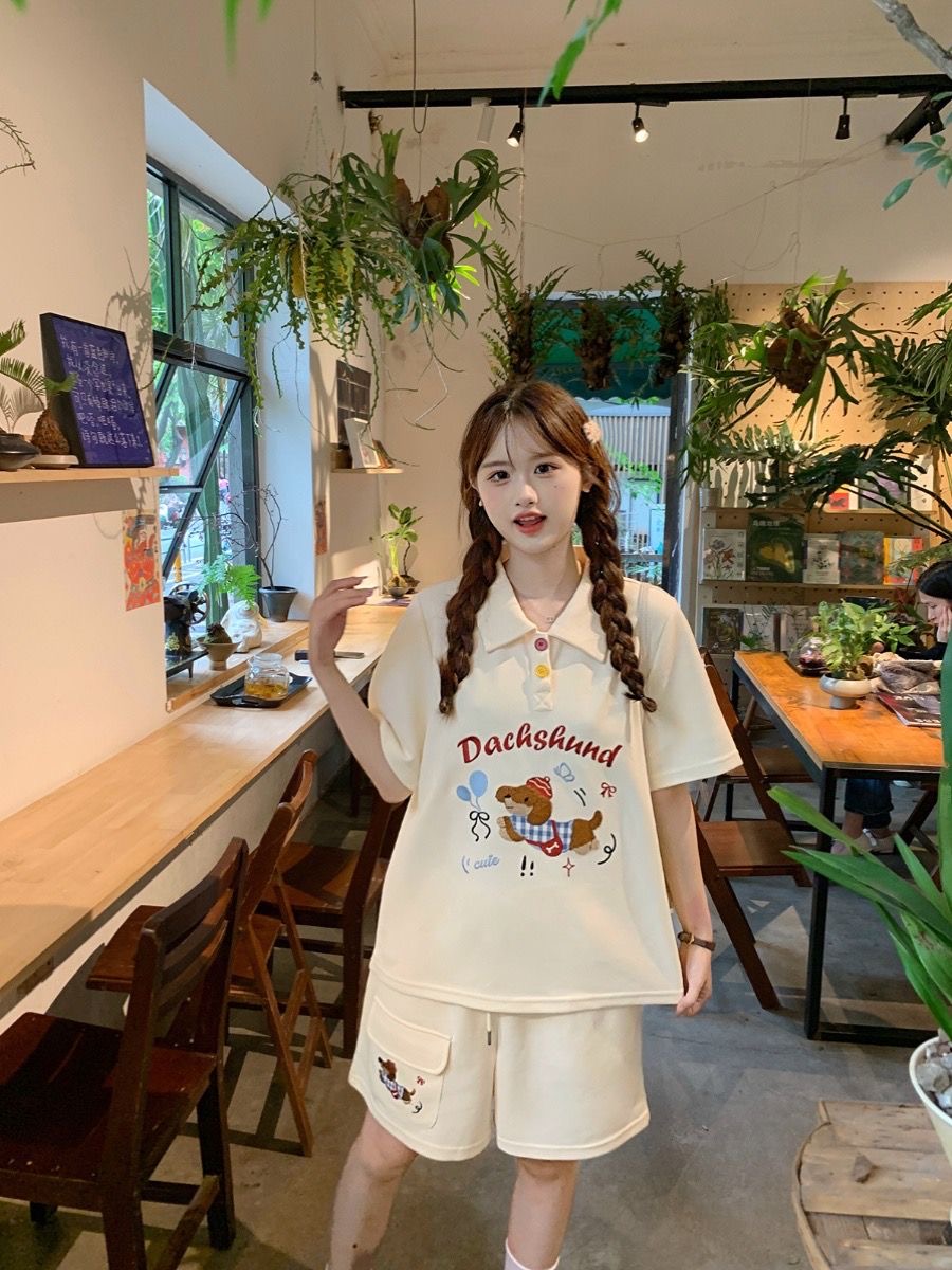 かわいい刺繍犬日本スタイルポロシャツ 2 点セット女性の衣装 - Summer Clothing Japan のレビューと価格
