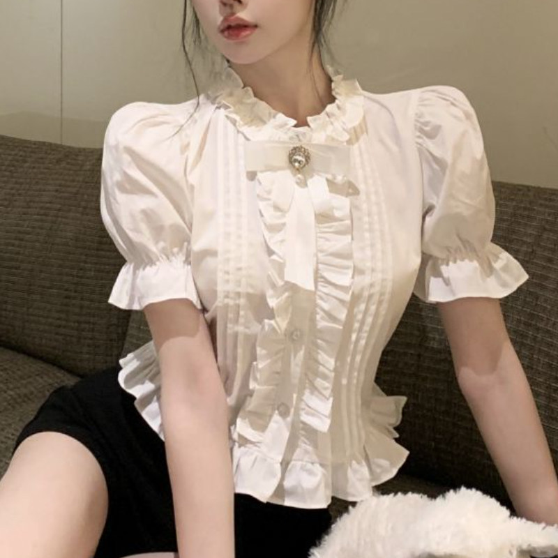 パフスリーブの女性用シャツ,白,フリル,エレガント,ヴィンテ - Summer Clothing Aesthetic のレビューと価格
