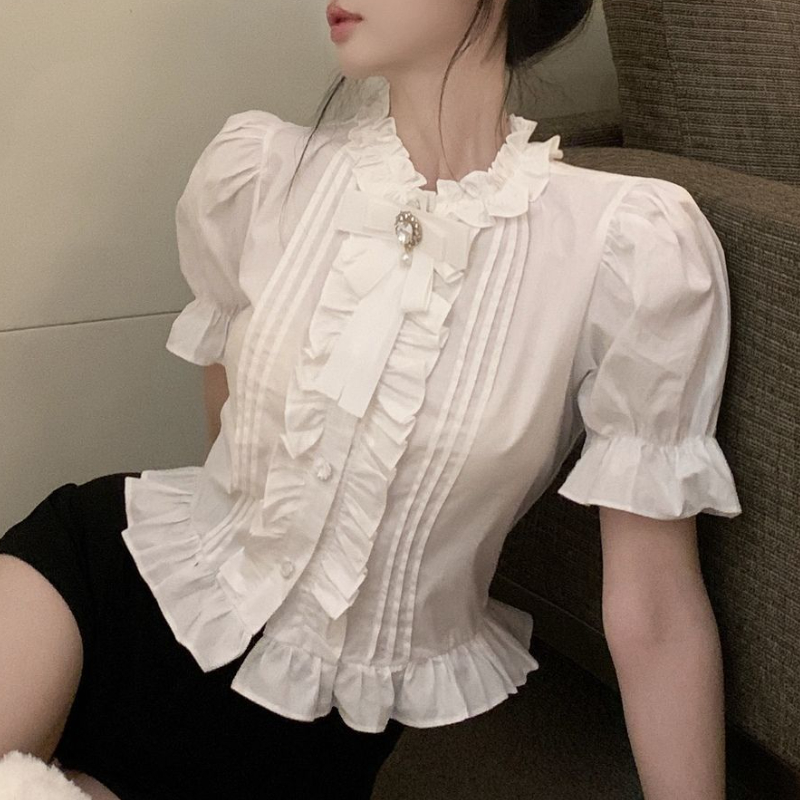 パフスリーブの女性用シャツ,白,フリル,エレガント,ヴィンテ - Summer Clothing Aesthetic のレビューと価格