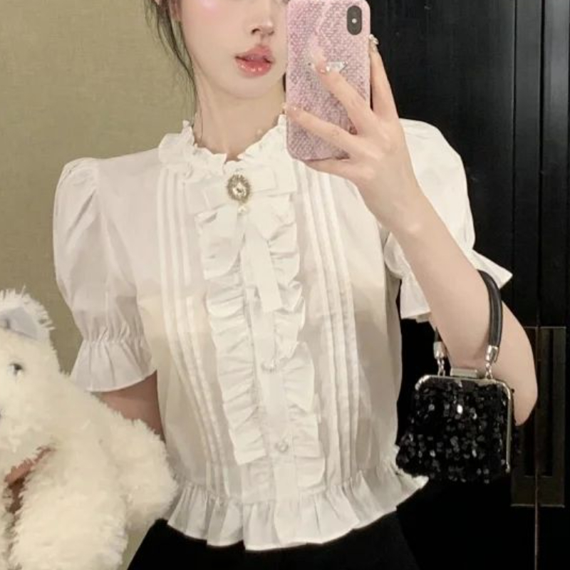 パフスリーブの女性用シャツ,白,フリル,エレガント,ヴィンテ - Summer Clothing Aesthetic のレビューと価格